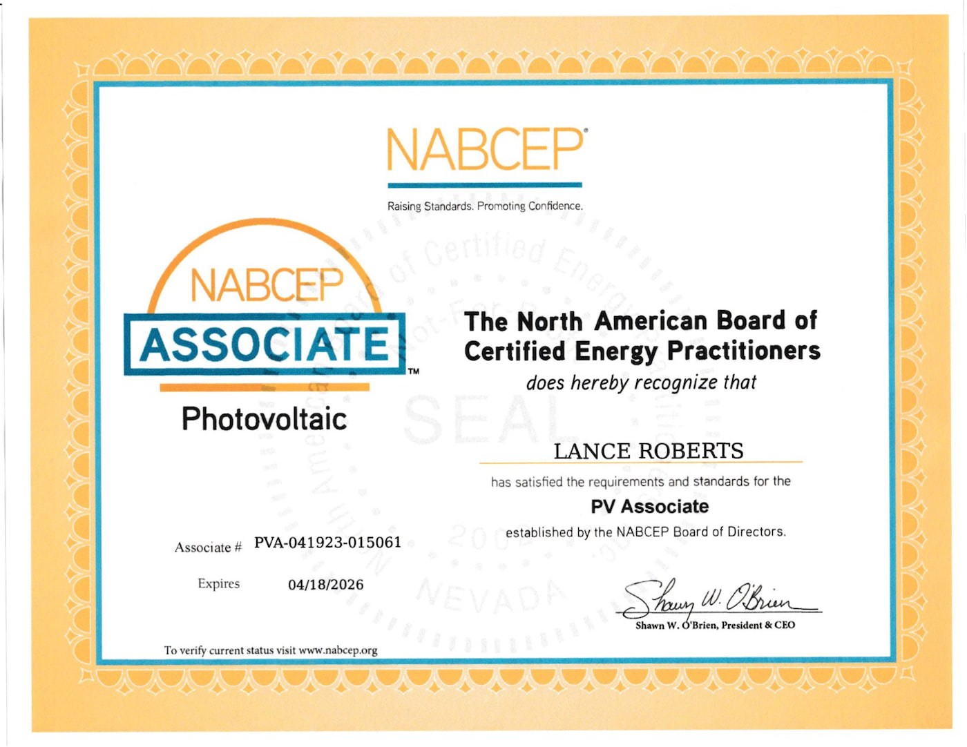 Lance Roberts - NABCEP Certificate